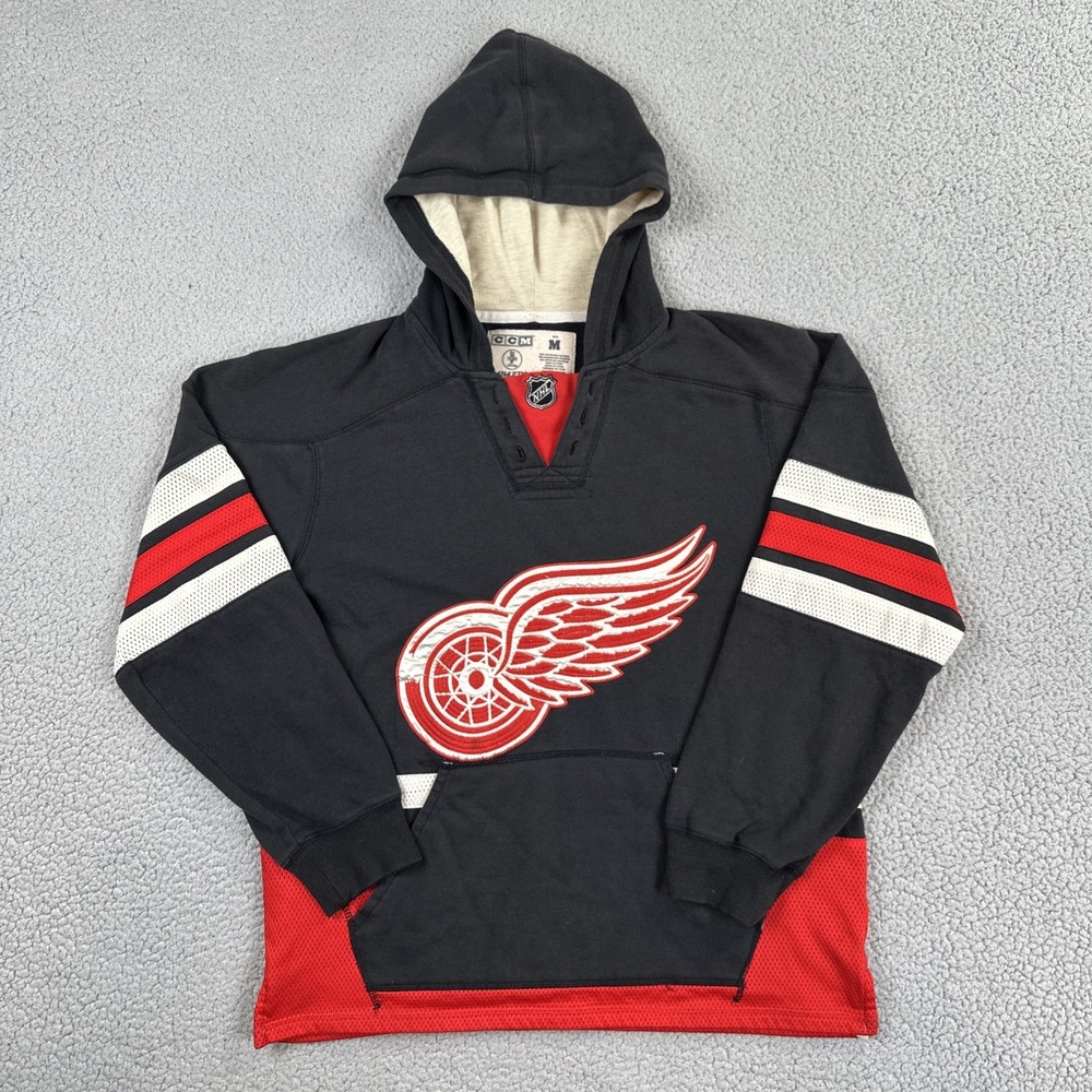 CCM Detroit Red Wings NHL Hoodie Men Medium Black Red Embroidered Logo Mesh